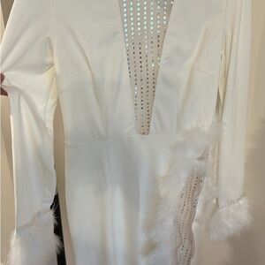 Bodycon White Dress with Feather and Sparkle Accents
